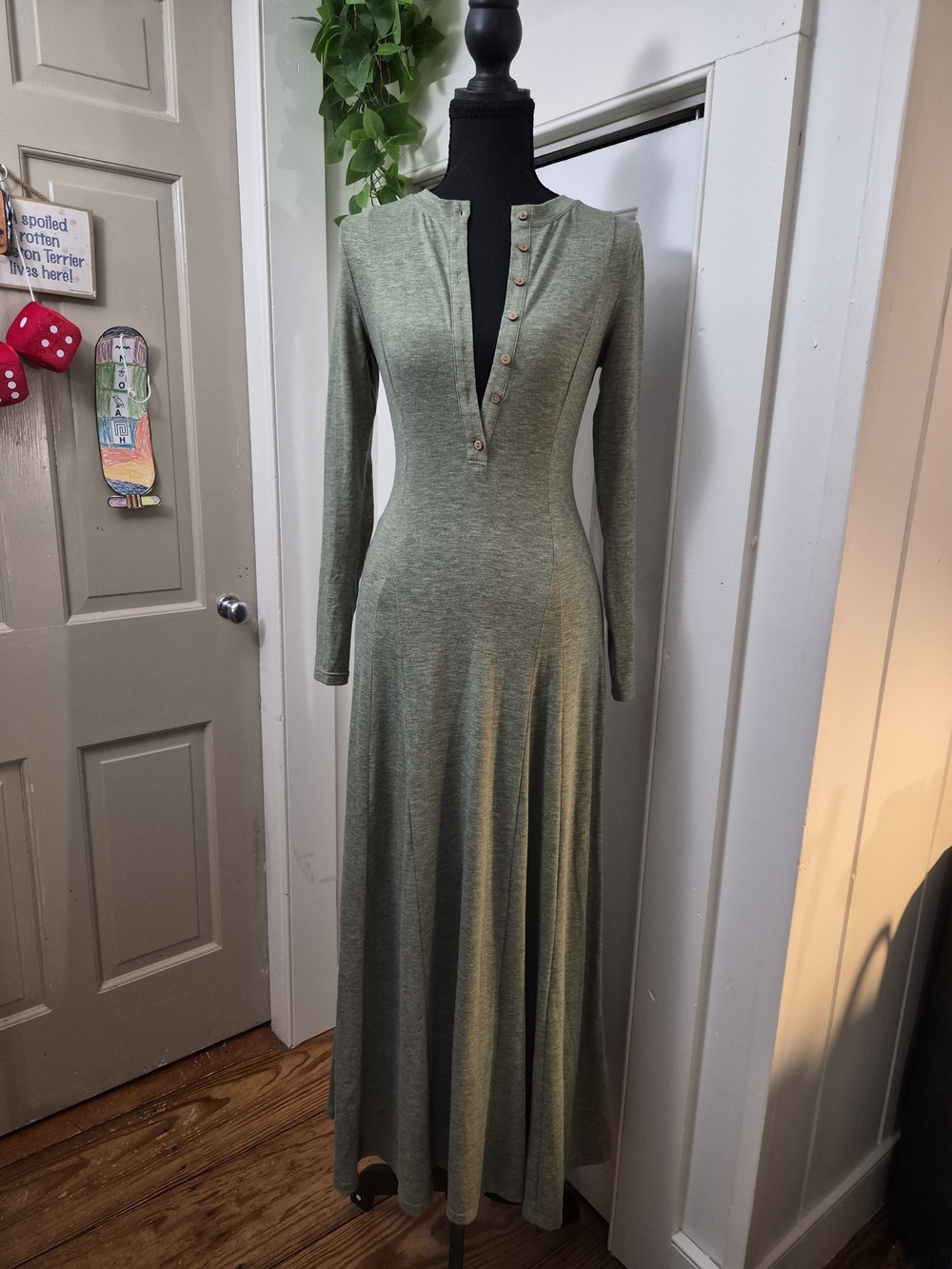 Long Sleeve Sage Green Maxi Dress with Button Placket